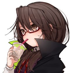 Rule 34 | 1girl, bad id, bad twitter id, brown eyes, brown hair, cape, cup, drinking, drinking straw, glasses, gotou (nekocat), highres, holding, holding cup, looking afar, low twintails, red-framed eyewear, semi-rimless eyewear, simple background, solo, touhou, twintails, under-rim eyewear, upper body, usami sumireko, white background, wing collar