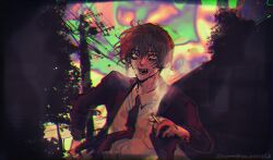 Rule 34 | 1boy, brown hair, cigarette, collared shirt, commentary request, constricted pupils, crazy, formal, highres, hitomi hirosuke (sayonara wo oshiete), holding, holding cigarette, jacket, male focus, multicolored sky, necktie, open mouth, outdoors, power lines, running, sayonara wo oshiete, shirt, sky, solo, suit, togawa jun, upper body, utility pole, zonsters
