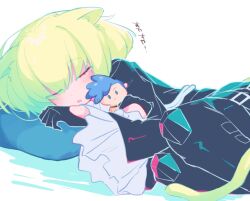 Rule 34 | 1boy, :o, animal ears, bed sheet, black gloves, black jacket, black pants, blonde hair, blue hair, cat boy, cat ears, cat tail, character doll, closed eyes, ears down, frilled sleeves, frills, galo thymos, gloves, half gloves, head on pillow, highres, jacket, knee pads, lio fotia, lying, male focus, on side, open mouth, pants, pillow, promare, purple eyes, short hair, sleeping, solo, tail, trap, white background, yzyz630