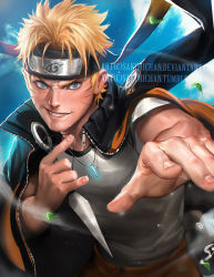 Rule 34 | 1boy, blonde hair, blue eyes, blue sky, cloud, fingernails, forehead protector, foreshortening, grin, holding, holding weapon, jacket, jacket on shoulders, jewelry, konohagakure symbol, kunai, leaf, lips, looking at viewer, male focus, naruto, naruto (series), necklace, open clothes, open jacket, pendant, sakimichan, shirt, short hair, short sleeves, sky, smile, smirk, solo, string, t-shirt, unzipped, upper body, uzumaki naruto, water drop, watermark, weapon, web address, whiskers, white shirt, zipper