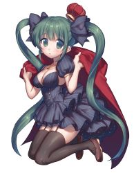 Rule 34 | 1girl, black thighhighs, blue dress, breasts, brown footwear, cape, cleavage, crown, dress, from side, full body, garter straps, green eyes, green hair, hatsune miku, highres, jewelry, kirisaki shuusei, kneeling, long hair, looking at viewer, mary janes, medium breasts, mini crown, necklace, red cape, shoes, solo, thighhighs, transparent background, twintails, very long hair, vocaloid