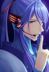 Rule 34 | 1boy, blue eyes, finger to mouth, hand up, headset, highres, kamui gakupo, long hair, male focus, nokuhashi, ponytail, purple hair, shushing, solo, vocaloid