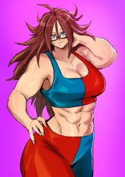 Rule 34 | 1girl, absurdres, ahoge, android 21, blue eyes, breasts, brown hair, cleavage, dragon ball, drakkaiart, female focus, glasses, hand on own hip, highres, large breasts, long hair, looking at viewer, midriff, muscular, muscular female, navel, simple background, solo, sweat