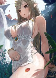 Rule 34 | 1girl, bare shoulders, blush, bracelet, breasts, brown eyes, brown hair, cleavage, collarbone, dress, elf, grass, highres, jewelry, large breasts, long hair, necklace, original, parted lips, pointy ears, solo, swept bangs, takeashiro, thighs, water, waterfall, wet, white dress