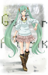 Rule 34 | 1girl, boots, bracelet, green eyes, green hair, hatsune miku, headphones, headphones around neck, highres, jewelry, long hair, matching hair/eyes, retsuna, sleeves pushed up, smile, solo, twintails, very long hair, vocaloid, walking