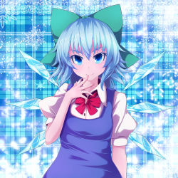 Rule 34 | 1girl, blue eyes, blue hair, blush, bow, cirno, finger to mouth, hair bow, highres, looking at viewer, matching hair/eyes, nikka (cryptomeria), ribbon, short hair, smile, snowflakes, solo, touhou, wings