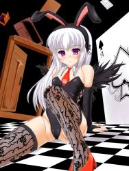 Rule 34 | 00s, 1girl, animal ears, black thighhighs, card, doll joints, floating card, floral print, joints, katsuragi niya, playing card, print thighhighs, purple eyes, rabbit ears, rozen maiden, silver hair, sitting, solo, suigintou, thighhighs, wings