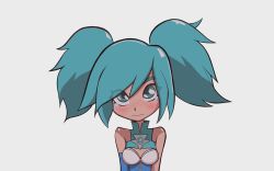 Rule 34 | 1girl, absurdres, bare shoulders, blue eyes, blue gloves, blue hair, blue neckwear, breasts, cleavage, elbow gloves, evie (paladins), eyebrows, female focus, frown, gloves, grey background, highres, paladins, sad, simple background, solo, stuffted, twintails, upper body, white background