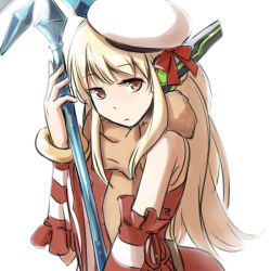 Rule 34 | 1girl, animal, animal around neck, blonde hair, bow, brown eyes, closed mouth, commentary request, detached sleeves, dress, dutch angle, expressionless, fox, hat, hat bow, holding, holding staff, long hair, looking at viewer, natsuya (kuttuki), professor (ragnarok online), ragnarok online, red bow, red dress, red sleeves, robot ears, sailor hat, simple background, sleeveless, sleeveless dress, solo, staff, striped sleeves, white background, white hat, white sleeves