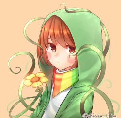 Rule 34 | 1other, alternate universe, artist name, bad id, bad pixiv id, blush stickers, brown eyes, brown hair, chara (undertale), crying, crying with eyes open, flower, green jacket, highres, hood, hooded jacket, jacket, looking at viewer, plant, rainbow scarf, scarf, shioka rei, short hair, storyshift, storyswap, tears, undertale, undertale au, yellow flower