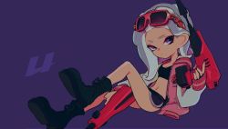 Rule 34 | 1girl, black footwear, black shorts, black sports bra, blue background, boots, closed mouth, combat boots, commentary, dolphin shorts, dual wielding, dualie squelcher (splatoon), eyewear on head, grey hair, holding, holding weapon, imaikuy0, jacket, knee up, letterman jacket, light frown, long hair, long sleeves, looking at viewer, navel, nintendo, octoling, octoling girl, octoling player character, open clothes, open jacket, pink jacket, purple eyes, red-framed eyewear, short shorts, shorts, sitting, solo, splatoon (series), splatoon 2, sports bra, suction cups, sunglasses, symbol-only commentary, tentacle hair, weapon