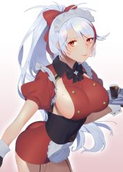 Rule 34 | 1girl, apron, ass, azur lane, breasts, corset, frills, highres, holding, large breasts, leaning forward, long hair, maitei roppa, mole, mole on breast, orange eyes, ponytail, prinz eugen (azur lane), sideboob, simple background, skin tight, solo, tea, thigh strap, very long hair, waist apron, waitress, white hair, wrist cuffs