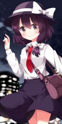 Rule 34 | 1girl, bag, black hat, black skirt, blurry, blurry background, bow, braid, brown eyes, brown hair, cityscape, collared shirt, commentary request, hair bow, hat, hat bow, highres, looking at viewer, necktie, outdoors, red necktie, ruu (tksymkw), shirt, shoulder bag, side braid, single braid, skirt, solo, touhou, usami renko, white bow, white shirt