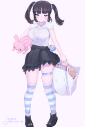 Rule 34 | 1girl, bag, black hair, blue eyes, blush, breasts, bursting breasts, coin purse, hand on own hip, large breasts, long hair, looking at viewer, pink background, shopping bag, simple background, skindentation, smile, smug, solo, standing, striped clothes, striped thighhighs, stuffed animal, stuffed rabbit, stuffed toy, teddy bear, thighhighs, thighs, twintails, ushinomiya
