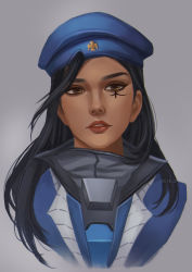 Rule 34 | 1girl, absurdres, aged down, ana (overwatch), artist name, beret, black hair, blue jacket, brown eyes, captain amari, close-up, dark-skinned female, dark skin, eyelashes, eyeliner, eyeshadow, facial mark, facial tattoo, grey background, hat, highres, jacket, lips, long hair, looking at viewer, makeup, nose, official alternate costume, overwatch, overwatch 1, parted lips, portrait, realistic, shiro-hane, signature, simple background, smile, solo, tattoo, teeth, upper teeth only