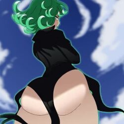 Rule 34 | 1girl, animated, ass shake, aura, black dress, bouncing ass, cleft of venus, crossed arms, curly hair, curvy, divine wine (vampiranhya), dress, floating, from behind, glowing, green eyes, green hair, jiggle, long sleeves, looking at viewer, looking back, no panties, one-punch man, pussy, short hair, sky, solo, tatsumaki, thick thighs, thighs, twerking, uncensored, video, wide hips