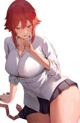 Rule 34 | 1girl, absurdres, aizawa tomo, arm support, black skirt, breasts, collared shirt, dress shirt, hair between eyes, highres, large breasts, miniskirt, necktie, unworn necktie, open mouth, pleated skirt, red eyes, red hair, red necktie, rororo, school uniform, shirt, short hair, sidelocks, sitting, skirt, sleeves rolled up, solo, thick thighs, thighs, tomo-chan wa onna no ko, untucked shirt, white background, white shirt