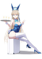 Rule 34 | 1girl, absurdres, alcohol, animal ears, blonde hair, blue archive, blue bow, blue bowtie, blue eyes, blue footwear, blue hair, blue halo, blue leotard, bow, bowtie, breasts, briefcase, champagne, champagne flute, cleavage, commentary request, crossed legs, cup, detached collar, drinking glass, earpiece, earrings, fake animal ears, full body, gloves, hair bow, halo, high heels, highleg, highleg leotard, highres, holding, holding tray, jewelry, leotard, long hair, looking at viewer, medium breasts, microphone, multicolored hair, official alternate costume, official alternate hairstyle, open mouth, playboy bunny, rabbit ears, rabbit tail, shumpi, simple background, sitting, solo, strapless, strapless leotard, streaked hair, stud earrings, tail, thighhighs, toki (blue archive), toki (bunny) (blue archive), tray, v, white background, white gloves, white thighhighs, wrist cuffs