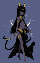Rule 34 | 1girl, animal ears, ankh, armlet, artist name, barefoot, black hair, black nails, bracelet, cat ears, cat tail, circlet, colored sclera, colored skin, crescent moon, ear piercing, egyptian, eyeshadow, flat chest, full body, grey skin, highres, jewelry, long hair, makeup, midriff, moon, nail polish, navel, original, piercing, sheya, shoulder tattoo, simple background, sistrum, solo, sparkle, standing, stomach, tail, tattoo, thighs, very long hair, yellow eyes, yellow sclera
