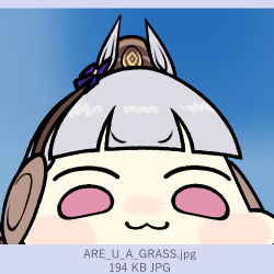 Rule 34 | 1girl, 4chan, :3, animal ears, blue background, blunt bangs, chibi, close-up, closed mouth, commentary request, earmuffs, gold ship (umamusume), hat, head only, horse ears, horse girl, jazz jack, looking at viewer, lowres, meme, photo-referenced, pink eyes, purple hair, simple background, solo, umamusume, v-shaped eyebrows