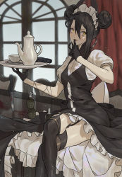 Rule 34 | 1girl, absurdres, agent (girls&#039; frontline), asymmetrical bangs, bad id, bad pixiv id, black dress, black footwear, black gloves, black hair, black thighhighs, blood, blush, boots, cirilla lin, crossed legs, cup, double bun, dress, explosive, garter straps, girls&#039; frontline, gloves, grenade, gun, hair between eyes, hair bun, hair ornament, highres, holding, index finger raised, indoors, knife, maid, maid headdress, open mouth, sangvis ferri, short sleeves, solo, spoon, teacup, teapot, thigh boots, thighhighs, tray, weapon, window, yellow eyes