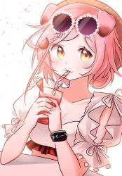 Rule 34 | 1girl, animal ears, arknights, bendy straw, bikini, blush, breasts, brown headwear, cat ears, cleavage, closed mouth, collarbone, commentary, cup, drinking glass, drinking straw, eyewear on head, food, food-themed hair ornament, fruit, goldenglow (arknights), goldenglow (summer flowers) (arknights), hair bun, hair ornament, hands up, highres, holding, holding cup, looking at viewer, medium breasts, one-hour drawing challenge, pink hair, puffy short sleeves, puffy sleeves, rinzy, round eyewear, short sleeves, simple background, smile, solo, sunglasses, swimsuit, upper body, watermelon, watermelon hair ornament, watermelon slice, white background, white bikini, yellow eyes