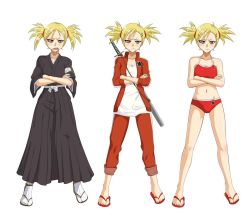 Rule 34 | 1girl, angry, bleach, bleach: turn back the pendulum, blonde hair, blush, brown eyes, crossed arms, dorimushirou, flat chest, freckles, japanese clothes, katana, kimono, looking at viewer, multiple persona, navel, sandals, sarugaki hiyori, short hair, short twintails, sleeves pushed up, sports bikini, swimsuit, sword, track suit, twintails, weapon