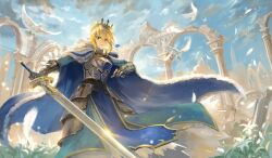 Rule 34 | angry, armor, artoria pendragon (fate), bird, blonde hair, blue cape, cape, cloud, cloudy sky, crown, day, dress, fate (series), feathers, feet out of frame, flower, gauntlets, green eyes, kito koruta, rock, serious, skirt, sky, source request, structure, sword, weapon