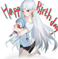 Rule 34 | 2girls, absurdres, black eyes, blouse, blue hair, blush, borrowed character, bow, chain, chain earrings, chibi, closed mouth, collarbone, earrings, english text, fins, fish tail, grey hair, hair between eyes, hair bow, happy birthday, highres, holding, holding person, hug, jewelry, long hair, multiple girls, open mouth, original, pointy ears, red bow, red eyes, sb lama, shirt, slit pupils, tail, twintails, very long hair, white background, white shirt