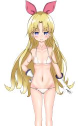 Rule 34 | 1girl, bikini, blonde hair, blue eyes, blush, boots, bow, breasts, female focus, gloves, hair bow, hair ornament, hairband, hanasaka warabi, hand on own hip, highres, long hair, looking at viewer, navel, simple background, small breasts, smile, solo, standing, swimsuit, thighs, white background, white bikini, white gloves