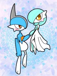 Rule 34 | 1boy, 1girl, alternate color, arm at side, blue background, blue hair, blue skin, blue theme, blush, blush stickers, bob cut, bright pupils, chibi, colored skin, creatures (company), eye contact, from behind, full body, gallade, game freak, gardevoir, gen 3 pokemon, gen 4 pokemon, grey hair, hair over one eye, hand up, holding hands, looking at another, mohawk, multicolored hair, multicolored skin, nintendo, no mouth, one eye covered, orange eyes, pokemon, pokemon (creature), shiny pokemon, short hair, standing, star (symbol), two-tone hair, two-tone skin, white pupils, white skin, yuri (fl0werspace)