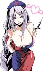 Rule 34 | 1girl, areola slip, atoshi, bad id, bad pixiv id, bare shoulders, blue eyes, braid, breasts, cleavage, digital thermometer, female focus, hat, heart, highres, huge breasts, large breasts, long hair, mouth hold, naughty face, silver hair, solo, syringe, thermometer, touhou, undressing, very long hair, yagokoro eirin