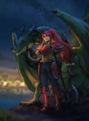 Rule 34 | 1girl, armor, armored boots, artist name, axe, belt, belt buckle, boots, breastplate, buckle, commentary, commission, dragon, english commentary, fire emblem, fire emblem: path of radiance, fire emblem: radiant dawn, full body, gloves, highres, holding, holding axe, jill (fire emblem), night, nintendo, outdoors, pants, ponytail, red eyes, red hair, sethkiel, smile, solo, standing, water, watermark