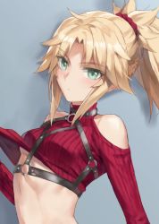 Rule 34 | 1girl, :&lt;, arched back, bare shoulders, blonde hair, blush, braid, breasts, fate/apocrypha, fate/grand order, fate (series), french braid, green eyes, halterneck, harness, highres, long hair, looking at viewer, mordred (fate), mordred (fate/apocrypha), ponytail, sidelocks, simple background, small breasts, solo, tonee, tsurime, turtleneck, underboob, undressing