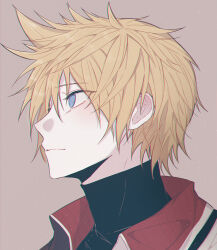 Rule 34 | 1boy, black shirt, blonde hair, closed mouth, gongju s2, high collar, highres, jacket, kingdom hearts, light brown background, looking ahead, shirt, short hair, simple background, solo, turtleneck, ventus (kingdom hearts)