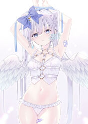 Rule 34 | + +, 1girl, angel, angel wings, armpits, arms up, bandaid, bandaid on arm, bandaid on leg, bandaid on thigh, bare arms, bare shoulders, belt, blue bow, blue eyes, blue ribbon, blush, bound, bound wrists, bow, breasts, chest harness, commentary request, cowboy shot, crop top, cross, feathered wings, frilled panties, frills, frown, gradient background, grey hair, hair bow, hair ornament, harness, highres, long hair, looking at viewer, murur (matsumikoru), navel, o-ring, original, panties, ribbon, ribbon bondage, shirt, sidelocks, signature, sleeveless, small breasts, solo, stomach, straight hair, symbol in eye, thigh gap, thighs, twintails, twitter username, underwear, very long hair, white background, white belt, white panties, white shirt, white wings, wings