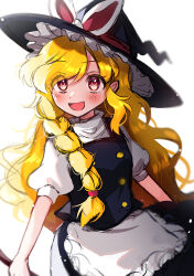 Rule 34 | 1girl, :d, absurdres, aoyama tenchou, apron, black dress, blonde hair, bloom, blush, braid, breasts, dress, eyes visible through hair, fang, hair over shoulder, hat, highres, kirisame marisa, long hair, messy hair, open mouth, pink eyes, puffy short sleeves, puffy sleeves, short sleeves, sidelighting, simple background, skin fang, small breasts, smile, solo, swept bangs, touhou, unfinished dream of all living ghost, very long hair, waist apron, wavy hair, white background, witch hat