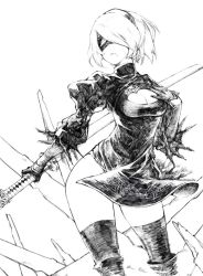 Rule 34 | 1girl, 2boys, blindfold, boots, breasts, chobi (sakuyasakuhana), cleavage, cleavage cutout, clothing cutout, feather trim, gloves, greyscale, hairband, hatching (texture), holding, holding sword, holding weapon, knee boots, mole, mole under eye, monochrome, multiple boys, nier (series), nier:automata, parted lips, puffy sleeves, short hair, sketch, solo, standing, sword, thighhighs, turtleneck, weapon, 2b (nier:automata)