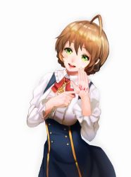 Rule 34 | 1girl, ahoge, bad id, bad pixiv id, blush, braid, breasts, frilled sleeves, frills, green eyes, idolmaster, idolmaster million live!, idolmaster million live! theater days, light brown hair, looking at viewer, mogiga, open mouth, sakuramori kaori, short hair, smile, solo, translation request