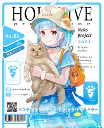 Rule 34 | 1girl, absurdres, animal, animal ears, backpack, bag, barcode, blue choker, blue dress, blue hair, blush, bracelet, brown hat, cat, cat ears, choker, closed mouth, commentary, cover, dress, earrings, ears through headwear, expressionless, fake animal ears, fake cover, hat, highres, holding, holding animal, holding cat, hololive, hololive fantasy, jewelry, looking at viewer, magazine cover, multicolored hair, pekomon (usada pekora), qr code, rabbit ears, red eyes, short eyebrows, short sleeves, smile, solo, streaked hair, thick eyebrows, translation request, usada pekora, virtual youtuber, white hair, yoshikawa hiro