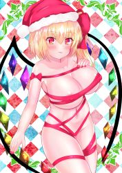 Rule 34 | 1girl, areola slip, argyle, argyle background, argyle clothes, blonde hair, blush, breasts, christmas, covered erect nipples, cowboy shot, crystal, flandre scarlet, hat, highres, kurenai (anohitop), large breasts, looking at viewer, naked ribbon, one side up, red eyes, ribbon, santa hat, smile, solo, touhou, wings