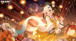 Rule 34 | animal ears, animal print, architecture, bambinata (punishing: gray raven), blue eyes, braid, cat ears, chinese clothes, chinese new year, dango, east asian architecture, fireworks, flower, food, hair ornament, hairclip, highres, lantern, multicolored hair, night, official art, punishing: gray raven, rabbit print, twin braids, two-tone hair, wagashi