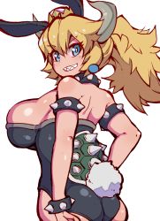 Rule 34 | 1girl, adapted costume, animal ears, armlet, ass, back, bare shoulders, blonde hair, blue eyes, boots, bowsette, bracelet, breasts, cleavage, collar, cowboy shot, crown, earrings, fake animal ears, from side, fukurou0807, hair between eyes, highres, horns, jewelry, large breasts, leotard, looking at viewer, mario (series), nail polish, nintendo, open mouth, playboy bunny, pointy ears, rabbit ears, rabbit tail, simple background, solo, spiked armlet, spiked bracelet, spiked collar, spikes, standing, super crown, tail, thigh boots, thighhighs, v-shaped eyebrows, white background
