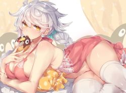Rule 34 | 1girl, asymmetrical hair, babydoll, bare shoulders, blush, braid, breasts, cleavage, collarbone, doughnut, failure penguin, food, hair between eyes, hip focus, jitome, kantai collection, large breasts, licking, long hair, looking at viewer, lying, on bed, on stomach, pillow, pokoten (pokoten718), scrunchie, silver hair, single braid, solo, striped clothes, striped scrunchie, thighhighs, thighs, tongue, tongue out, unryuu (kancolle), very long hair, wavy hair, white thighhighs, yellow eyes