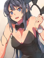 Rule 34 | 10s, 1girl, :d, animal ears, bare arms, bare shoulders, black bow, black bowtie, black hair, black hairband, black leotard, blue eyes, blush, bow, bowtie, breasts, chiharu (9654784), cleavage, collarbone, commentary request, detached collar, fake animal ears, female focus, gradient background, hair ornament, hairband, unworn hairband, hairclip, hand up, happy, highres, large breasts, leaning, leaning forward, leotard, long hair, looking at viewer, neck, open mouth, playboy bunny, rabbit ears, rabbit hair ornament, round teeth, sakurajima mai, seishun buta yarou, shiny skin, sidelocks, smile, solo, strapless, strapless leotard, teeth, upper body, upper teeth only, wrist cuffs
