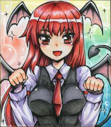 Rule 34 | 1girl, :d, armband, bat wings, blush, breasts, commentary request, demon tail, dress shirt, fang, gradient background, head wings, koakuma, long hair, long sleeves, looking at viewer, medium breasts, necktie, open mouth, painting (medium), paw pose, red eyes, red hair, red necktie, shikishi, shirt, smile, solo, sparkle, tail, touhou, traditional media, upper body, vest, watercolor (medium), white shirt, wings, yagami (mukage)