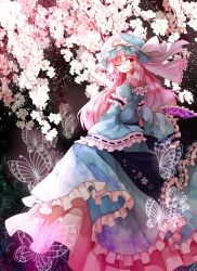 Rule 34 | 1girl, bad id, bad pixiv id, bug, butterfly, cherry blossoms, hand fan, hat, highres, bug, japanese clothes, long hair, long sleeves, pink hair, red eyes, ribbon, saigyouji yuyuko, shinonome myoke, smile, solo, touhou, triangular headpiece, wide sleeves