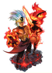 Rule 34 | 1boy, 1girl, abs, absurdres, ass, blue eyes, blue hair, boots, crown, dark skin, demon girl, closed eyes, fire, high heels, highres, horns, kamitani george, odin sphere, official art, onyx, onyx (odin sphere), panties, perspective, topless male, shoes, single horn, thigh boots, thighhighs, thong, underwear, vanillaware, vulcan (odin sphere)