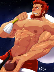 Rule 34 | 1boy, abs, alternate costume, bara, beard, blush, bulge, christmas, come hither, cowboy shot, crotch grab, dark-skinned male, dark skin, facial hair, fate/zero, fate (series), from side, full beard, gift bag, iskandar (fate), karakuraax, large pectorals, looking at viewer, male focus, mature male, muscular, muscular male, navel, nipples, pectorals, red hair, santa costume, short hair, sky, solo, star (sky), starry sky, stomach, thick beard, thick eyebrows, topless male, veins, veiny arms