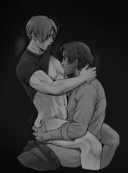 Rule 34 | 2boys, abs, absurdres, anal, ass, bare pectorals, bottomless, closed eyes, clothes lift, clothes pull, facial hair, greyscale, hand on another&#039;s ass, highres, large pectorals, leon s. kennedy, luis sera, male penetrated, monochrome, multiple boys, muscular, muscular male, naked shirt, navel, pants, pants pull, pectorals, proxysart, resident evil, resident evil 4, resident evil 4 (remake), sex, shirt, shirt lift, short hair, sucking male nipple, thighs, yaoi